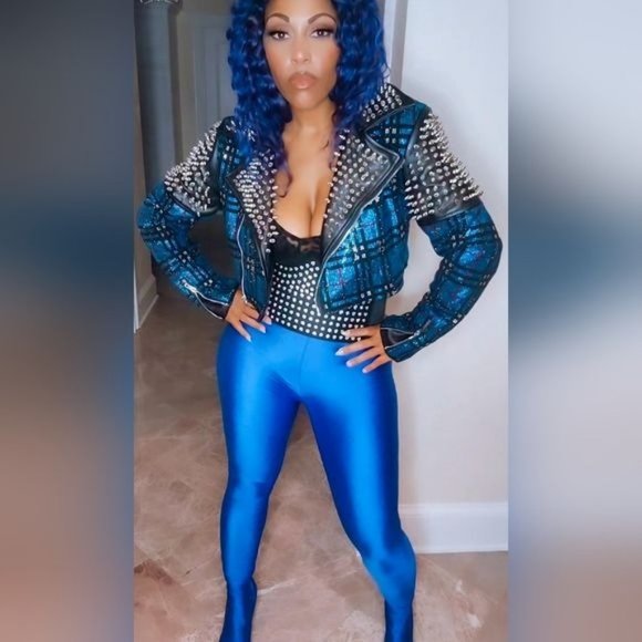 Callie Berry Bling: Teal Plaid Rhinestone Silver Studded Black Moto Jacket - Picture 12 of 12